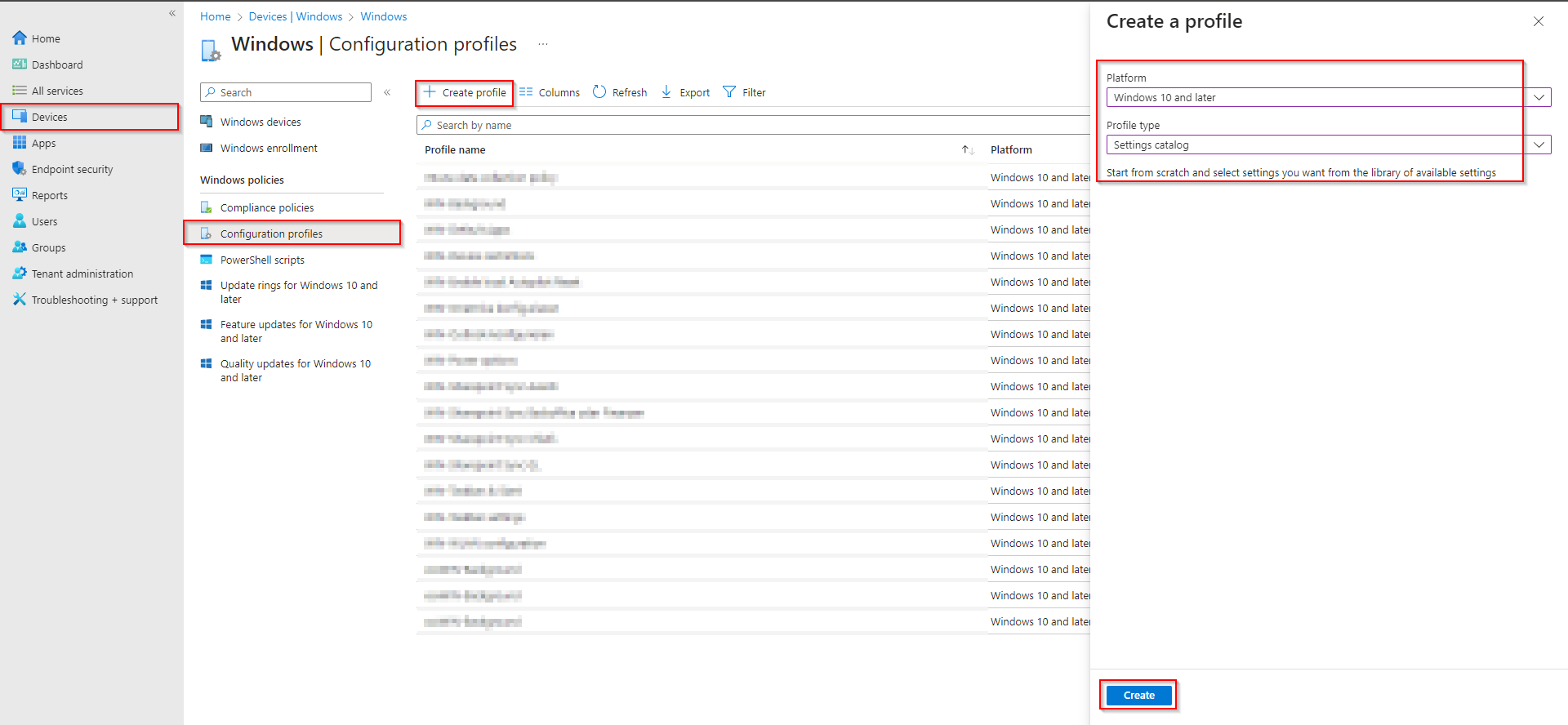 Creating a new configuration profile in Microsoft Intune